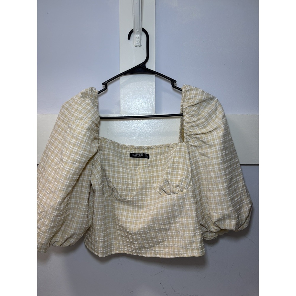 Nasty Gal CottageCore Yellow Gingham Puff Sleeve Crop Top Square Neck Size 8